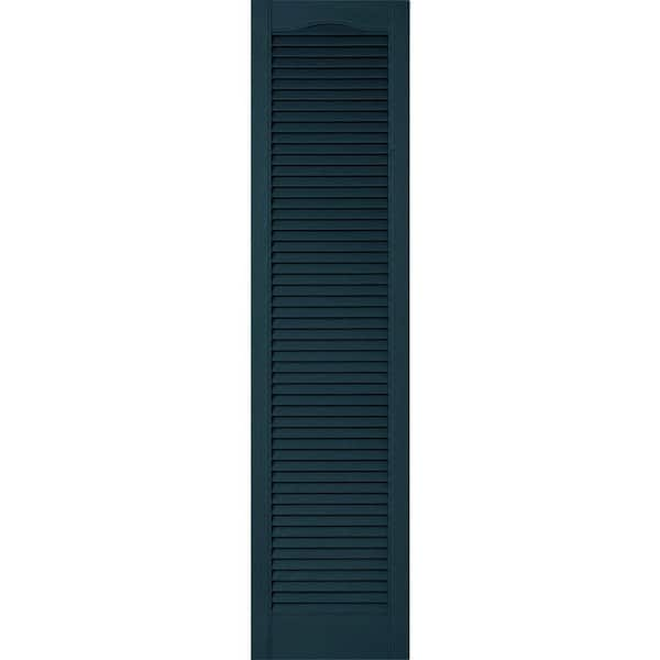 Ekena Millwork 12 in. x 59 in. Lifetime Vinyl Custom Cathedral Top All Louvered Open Louvered Shutters Pair Midnight Blue