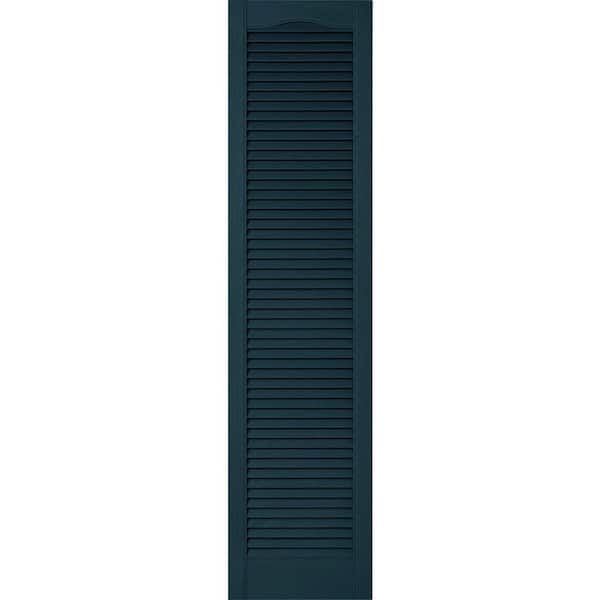 Ekena Millwork 14-1/2 in. x 32 in. Lifetime Vinyl Custom Cathedral Top All Louvered Open Louvered Shutters Pair Midnight Blue