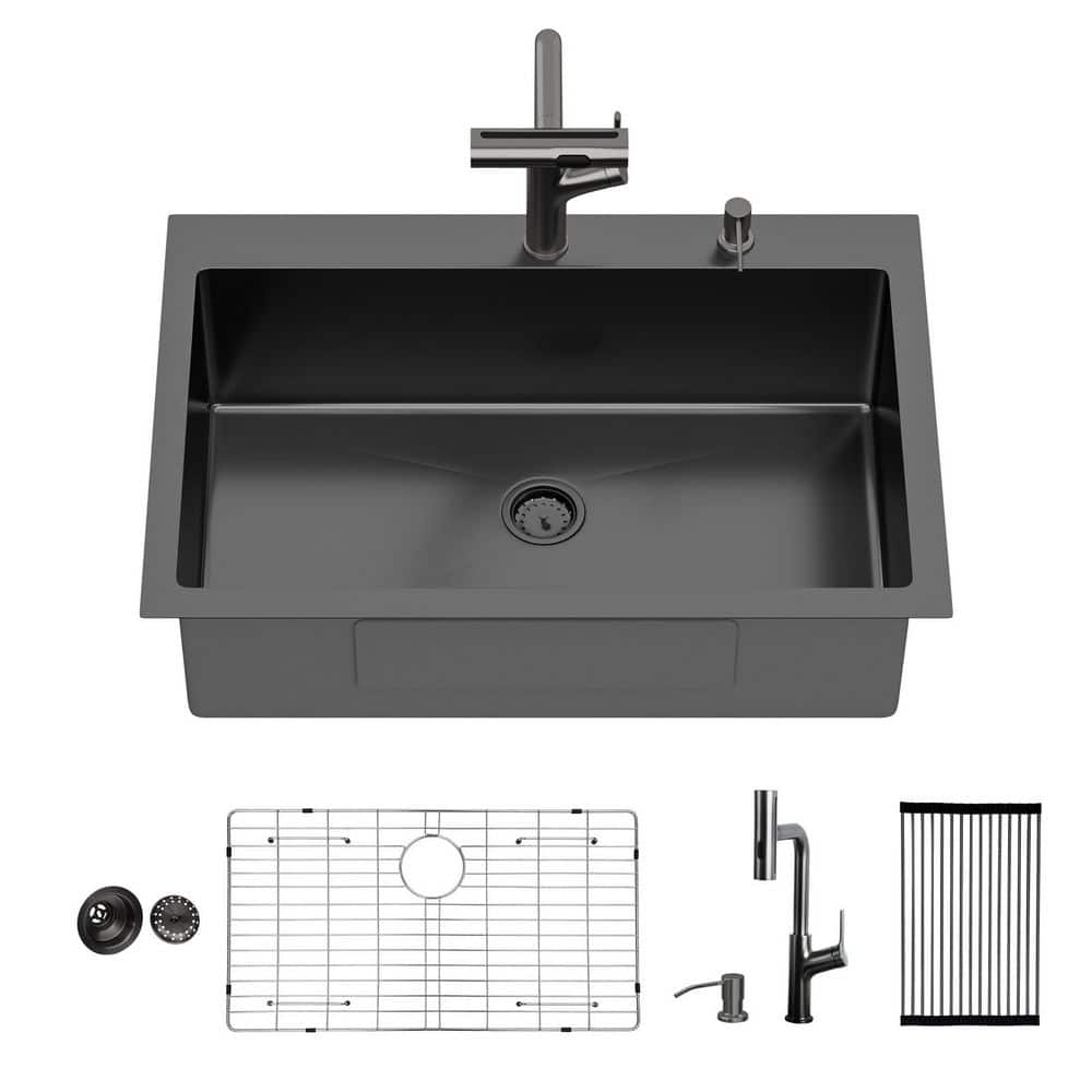 33 in. Drop-in Single Bowl 16 Gauge Black Stainless Steel Kitchen Sink and Drain price history on PriceWatchPro