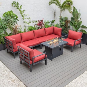 Hamilton 7-Piece Aluminum Modular Outdoor Patio Conversation Seating Set With Firepit Table & Cushions in Red