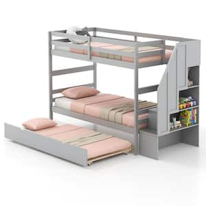 Gray Twin over Twin Wooden Bunk Bed w/Trundle Storage Stairs Convertible