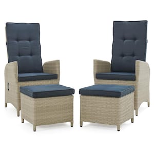 Haven Beige All-Weather Wicker Outdoor Recliner with Ottomans and Dark Gray Cushions (Set of 2)