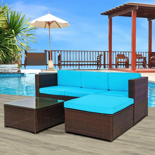 GOSHADOW Brown 5-Pieces Wicker Patio Conversation Sectional Seating Set with Blue Cushion Garden Patio Sofa Set