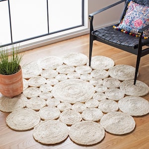 Natural Fiber Ivory 4 ft. x 4 ft. Woven Floral Round Area Rug