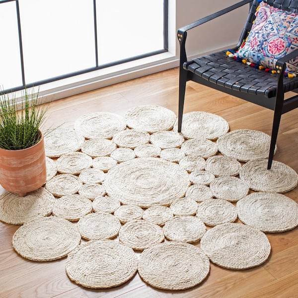 Natural Fiber Ivory 8 ft. x 8 ft. Woven Floral Round Area Rug