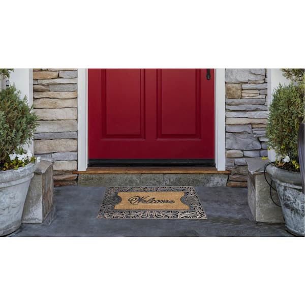 A1 Home Collections A1hc Welcome Floral Border Black 23 in x 38 in Rubber and Coir Dirt Trapper Large Doormat