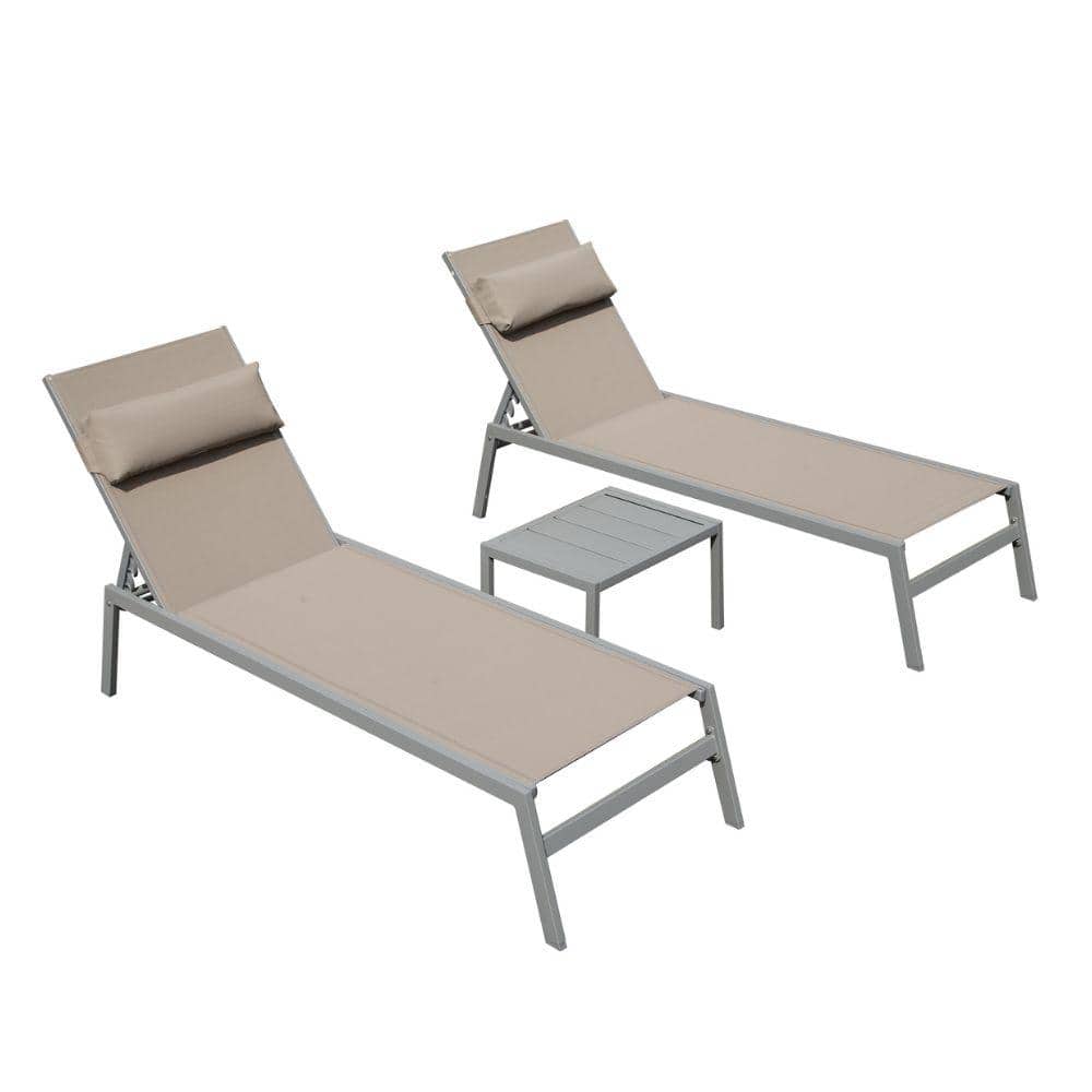 Khaki Outdoor Patio Chaise Lounge Set of 3 Adjustable Recliner Aluminum Pool Lounge Chairs with Side Table and Headrest price history on PriceWatchPro