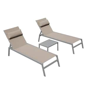 Khaki Outdoor Patio Chaise Lounge Set of 3 Adjustable Recliner Aluminum Pool Lounge Chairs with Side Table and Headrest