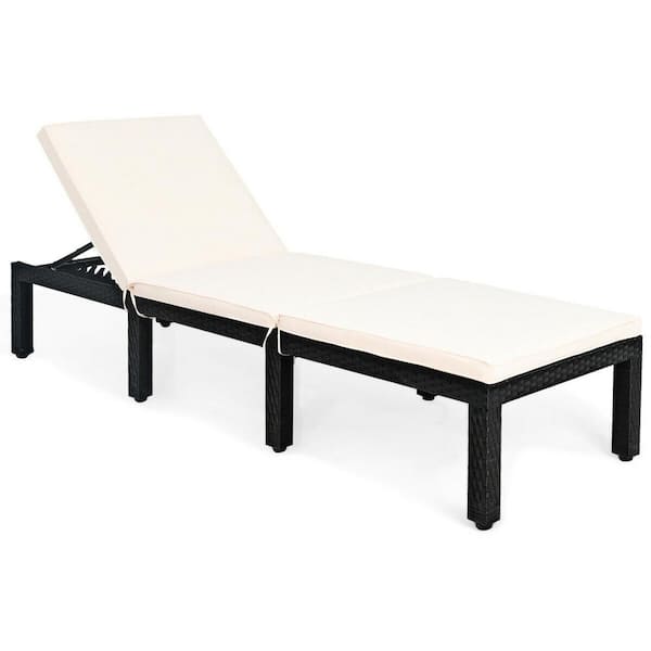 WELLFOR Black Metal Outdoor Chaise Lounge with White Cushions Adjustable Backrest