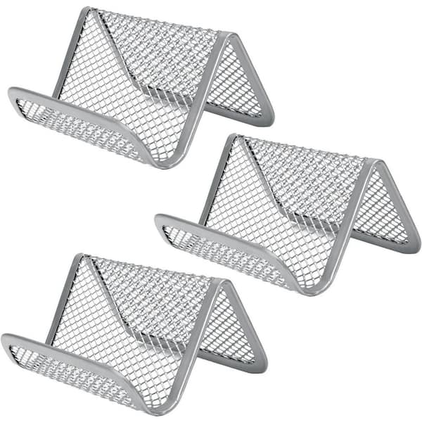 Metal Mesh Business Card Holder 3-Pack Silver Durable Organizer Elegant Open Display Stand for Desk Office