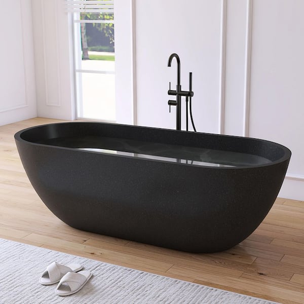 69 in. x 30 in. Terrazzo Stone Solid Surface Flatbottom Freestanding Soaking Bathtub in Black(Outdoor-Compatible)