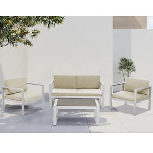 4-Piece Aluminum Patio Conversation Set with Khaki Cushions and Coffee Table