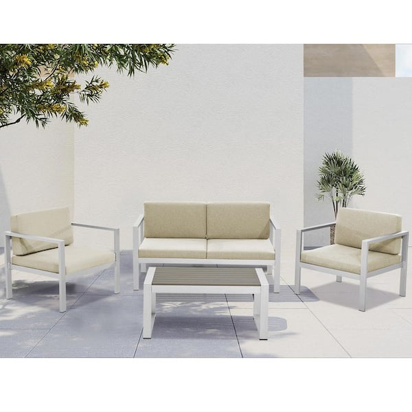 JEAREY 4-Piece Aluminum Patio Conversation Set with Khaki Cushions and Coffee Table