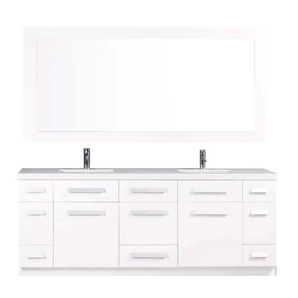 Design Element Moscony 84 in. W x 22 in. D Double Vanity in White with Quartz Stone Vanity Top and Mirror