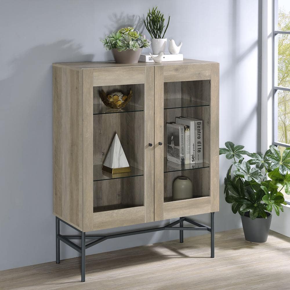 Light Brown Pine 2-Door Glass Display Cabinet