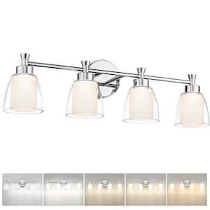 28.4 in. 4-Light Chrome Modern 15W LED Vanity Light with Clear Frosted Glass Shade