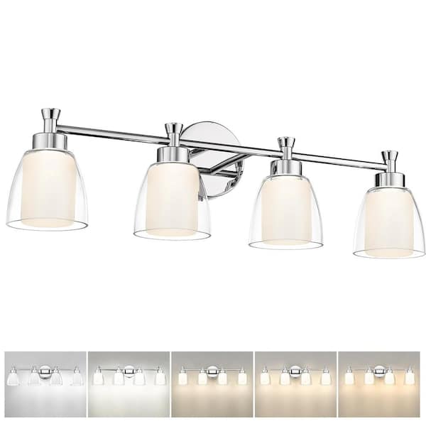 28.4 in. 4-Light Chrome Modern 15W LED Vanity Light with Clear Frosted Glass Shade