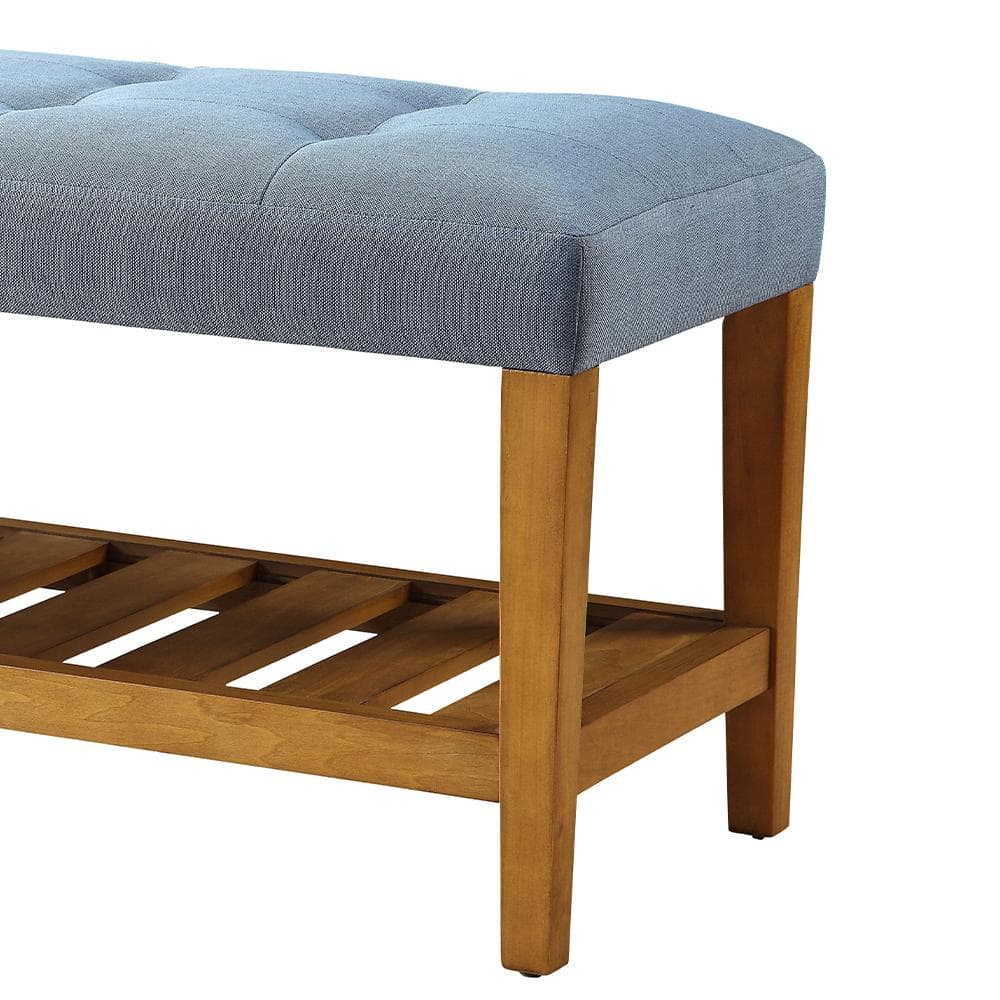 Blue Tufted Upholstered Bench with Oak Storage Shelf