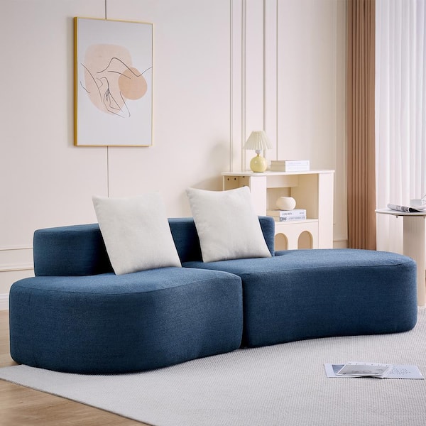 BYBLIGHT 94 in. W Modern Curved Sofa Couch, Unique Cashew Curved Sofa Couch with 2 Throw Pillows, 3-4 Seat Sofa Couch, Navy Blue