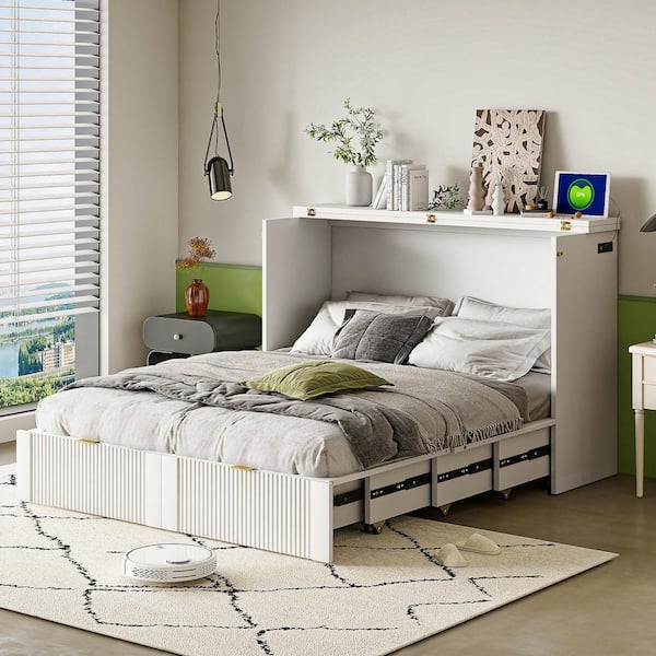 Harper & Bright Designs White Wood Frame Full Size Murphy Bed with Drawer, USB Ports and Sockets, Pulley Structure Design