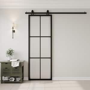 30 in. x 84 in. 6-Lite Frosted Glass Black Finished Aluminum Sliding Barn Door with Hardware Kit