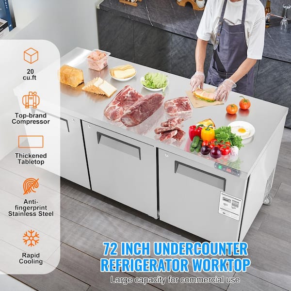 72 in. Commercial Refrigerator, 20 cu. ft. Stainless Steel Food Prep Table, 3-Door Frost Free Sandwich