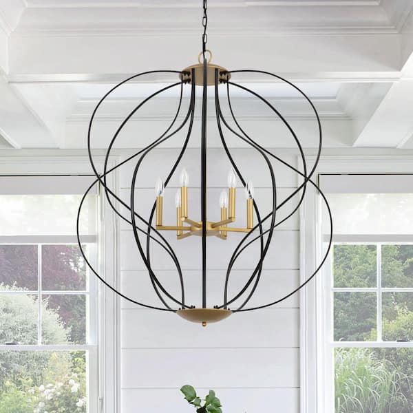 Frankfort 6-Light Black/Gold Unique Geometric Cage Chandelier Wrought Iron Accents