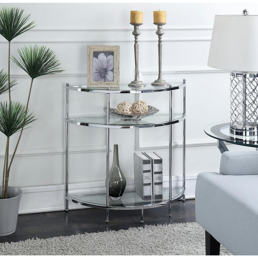 Chrome Demilune 3-Tier Glass Display Entryway Table