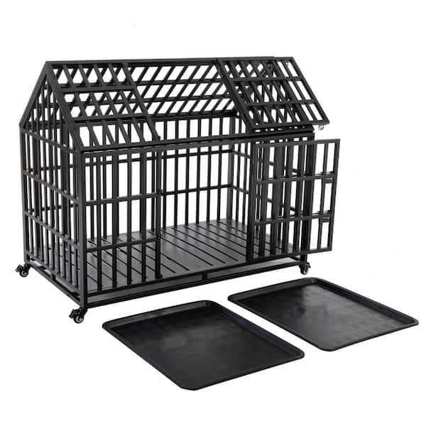 52 in. Black Metal Heavy Duty Dog Crate Large Dog Cage Dog Kennels and Crates for Large Dogs with 4 Lockable Wheels