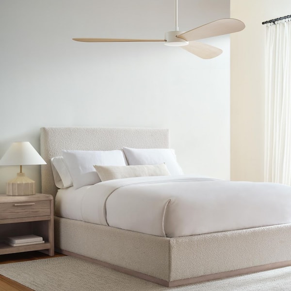 Fan Paddle Smart 60 in. Indoor/Outdoor Matte White Standard Downrod Mount Ceiling Fan with Remote and White Oak Blades