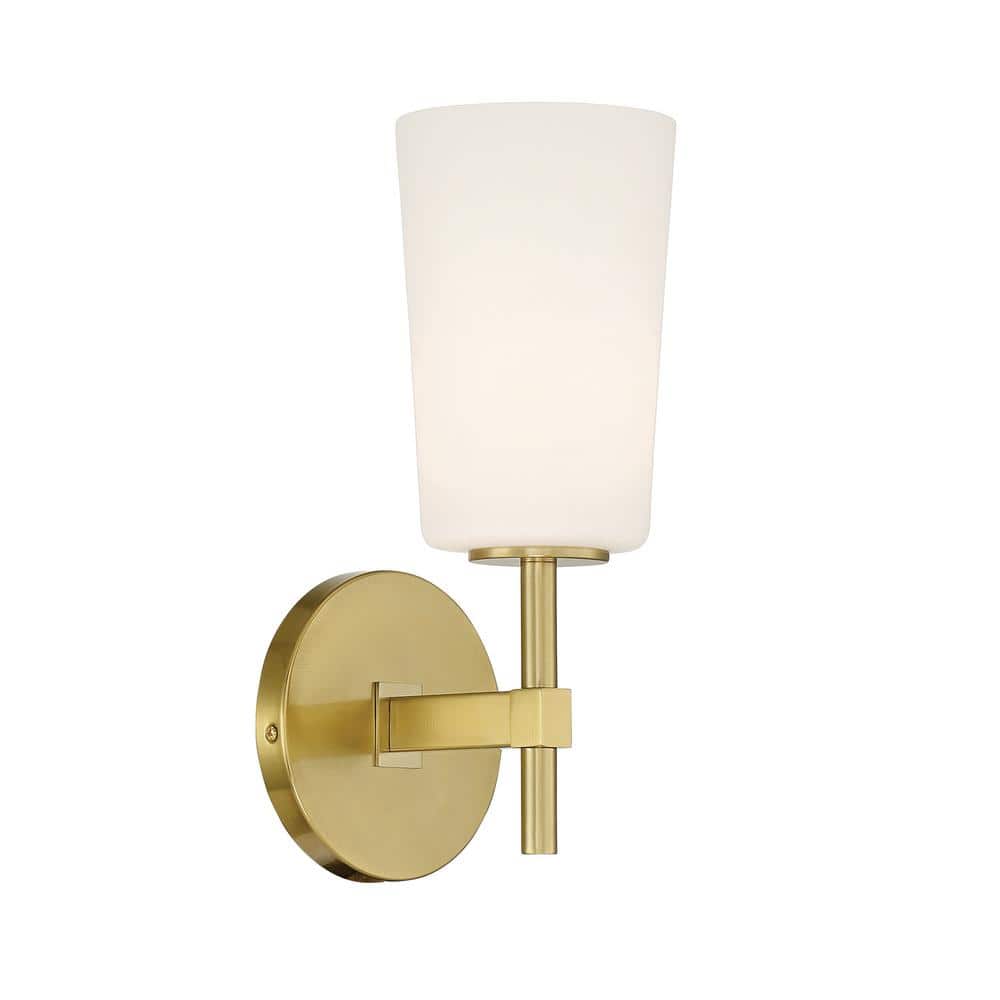 Aged Brass Vanity Sconce with White Glass Shade