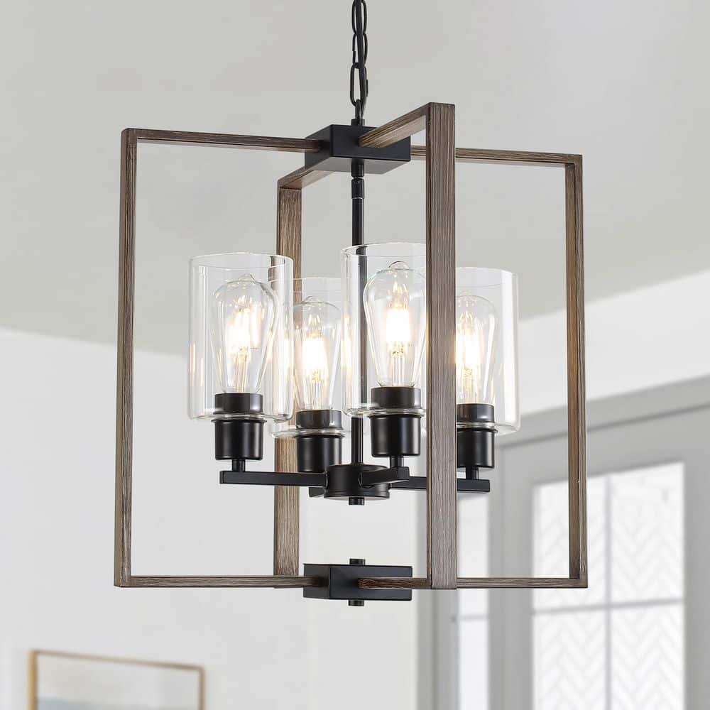 4-Light Black and Imitation Wood Grain Farmhouse Geometric Chandelier with Glass Shade Pendant Light for Kitchen Island price history on PriceWatchPro