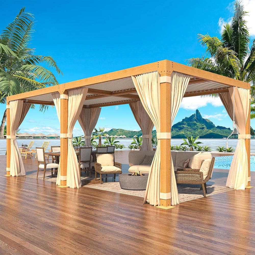 Beige Aluminum Pergola with Adjustable Roof and Curtains