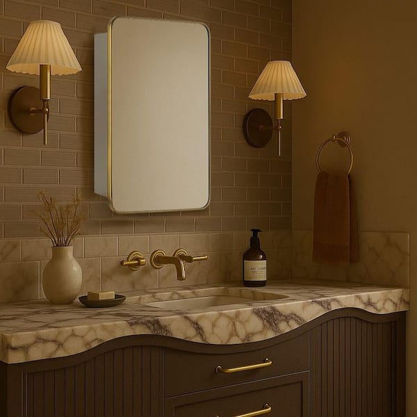 Garnes 24 in. W x 36 in. H Rectangular Recessed or Surface Mount Metal Medicine Cabinet with Mirror in Brushed Gold