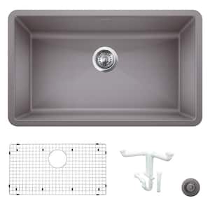 Precis 32 in. Undermount Single Bowl Metallic Gray Granite Composite Kitchen Sink Kit with Accessories