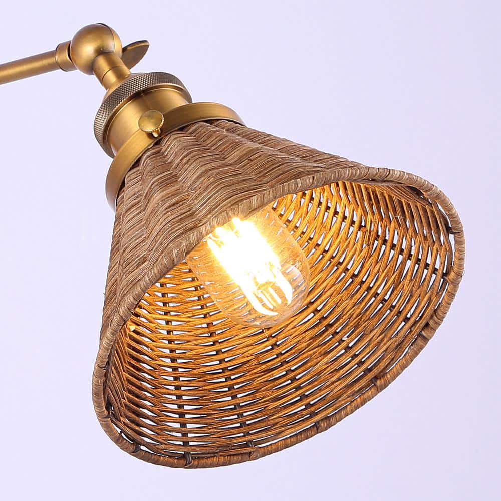 Brass and Rattan Swing Arm Wall Sconce with Woven Shade