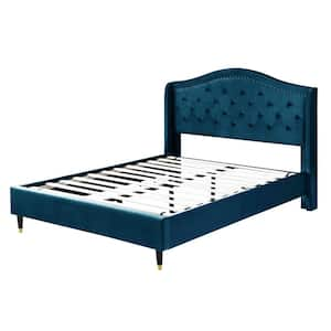 74.5 in. W Blue California King Bed Frame Wood Platform Bed with Headboard No Box Spring Required Easy Assembly