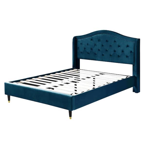 Morden Fort 66.5 in. W Blue Queen Bed Frame in Wood Platform Bed with Headboard No Box Spring Required Easy Assembly