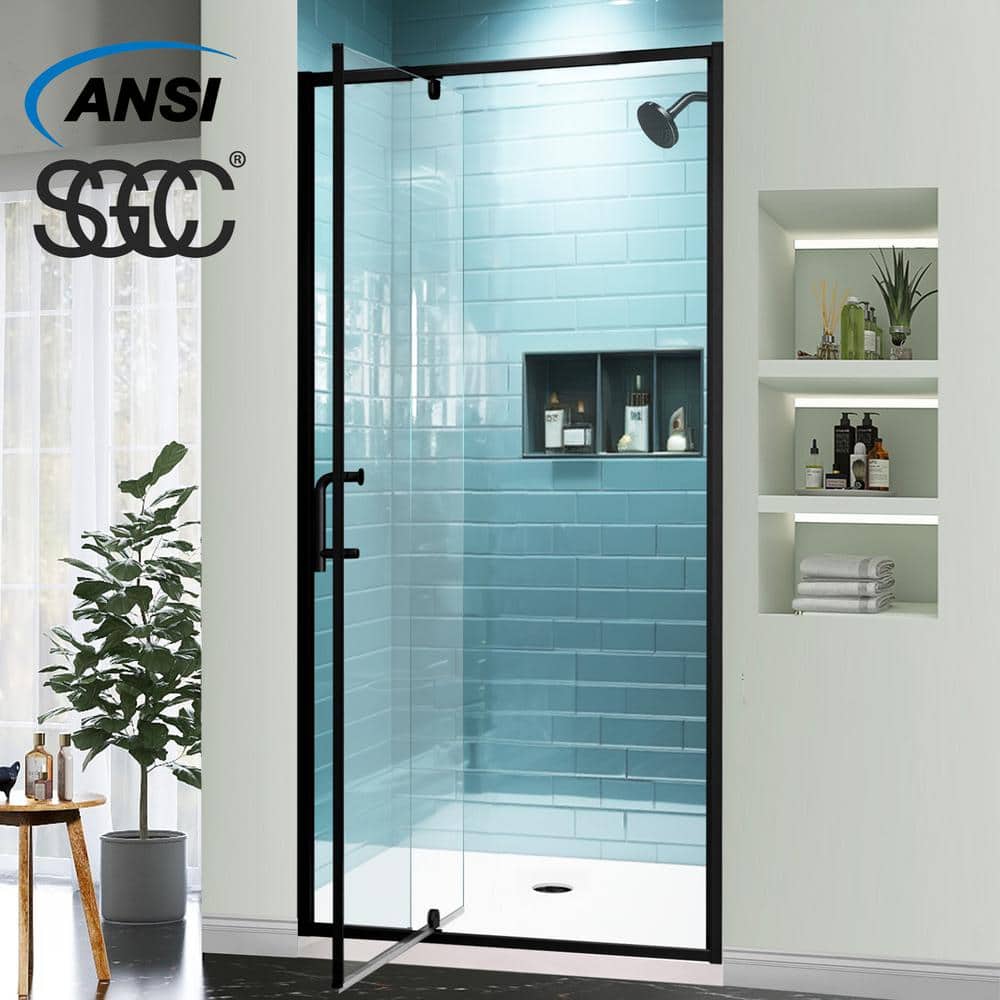 Matte Black Semi-Frameless Pivot Shower Door with Clear Glass