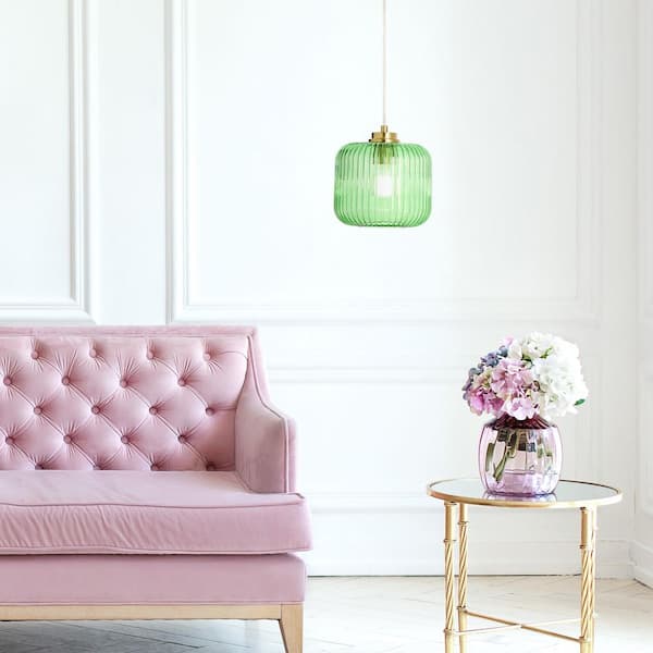 River of Goods Hadley 8 in. 1-Light Gold Pendant with Green Glass