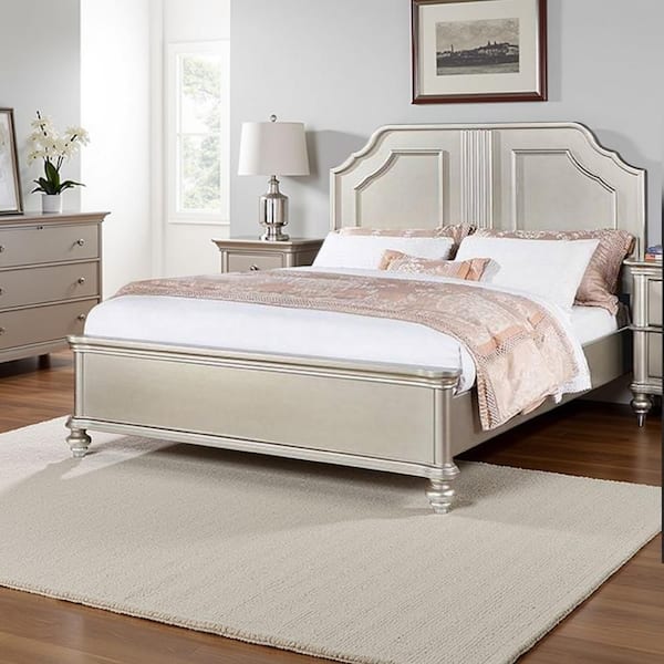 Opp Silver Wood Frame Queen Size Platform Bed with Curved Panel Headboard