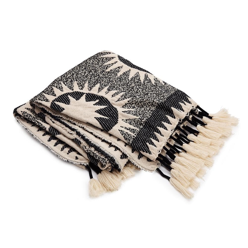 Soleil Cream and Black Polyester Acrylic Throw Blanket with Tassels