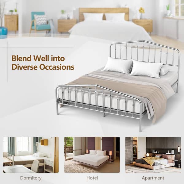 Costway Silver Queen Size Metal Bed Frame Steel Slat