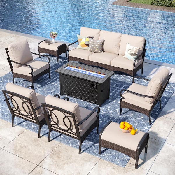 PHI VILLA Rattan 9 Seat 8-Piece Outdoor Patio Metal Conversation Set with Beige Cushions, Fixed Chairs and Fire Pit Table