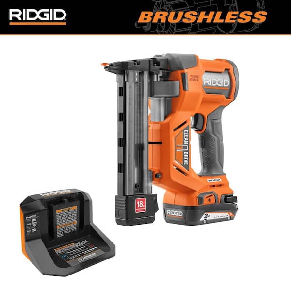 RIDGID 18V Brushless Cordless 18-Gauge Narrow Crown Stapler Kit with 2.0 Ah Battery and Charger