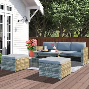 4-piece Gray Wicker Outdoor Patio Sectional Sofa with Cushion Table Stool