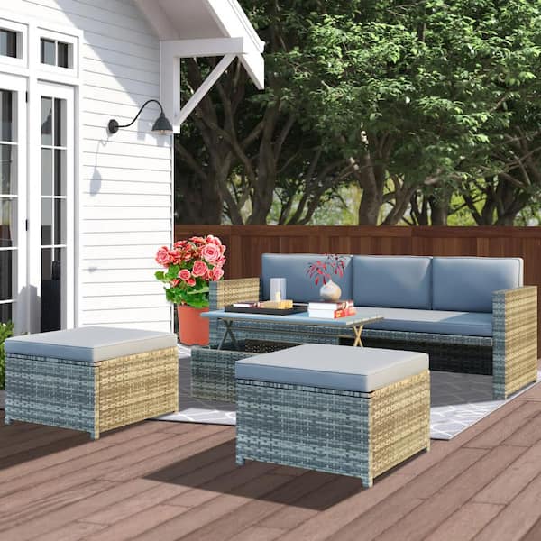 Tunearary 4-piece Gray Wicker Outdoor Patio Sectional Sofa with Cushion Table Stool