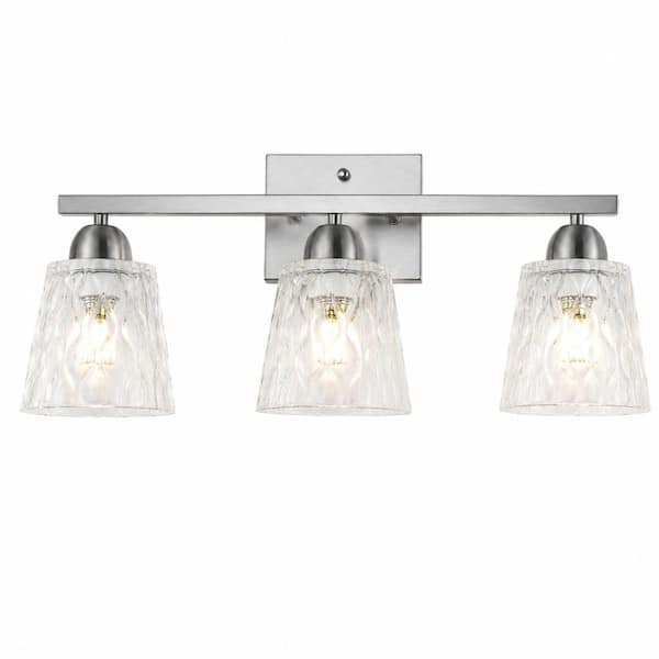 3-Light Brushed Nickel Stainless Steel Bathroom Vanity Light Over Mirror with Textured Glass Shades