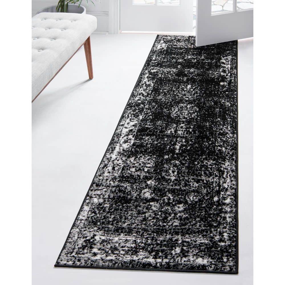 Chic Black Synthetic Indoor Runner Rug, Easy-Care and Stain-Resistant