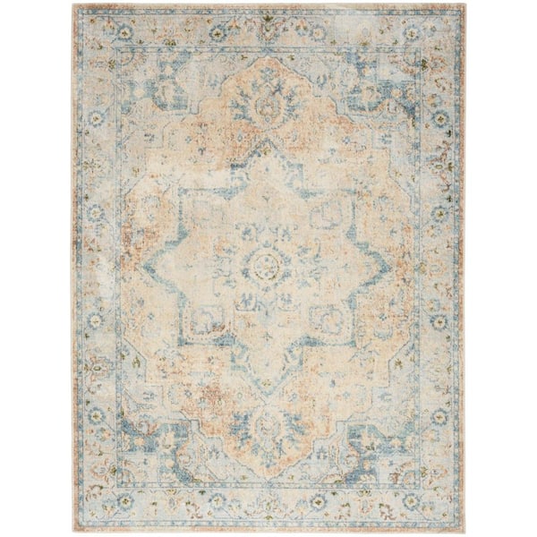 Nourison Astra Machine Washable Beige Blue 5 ft. x 7 ft. Center medallion Traditional Area Rug